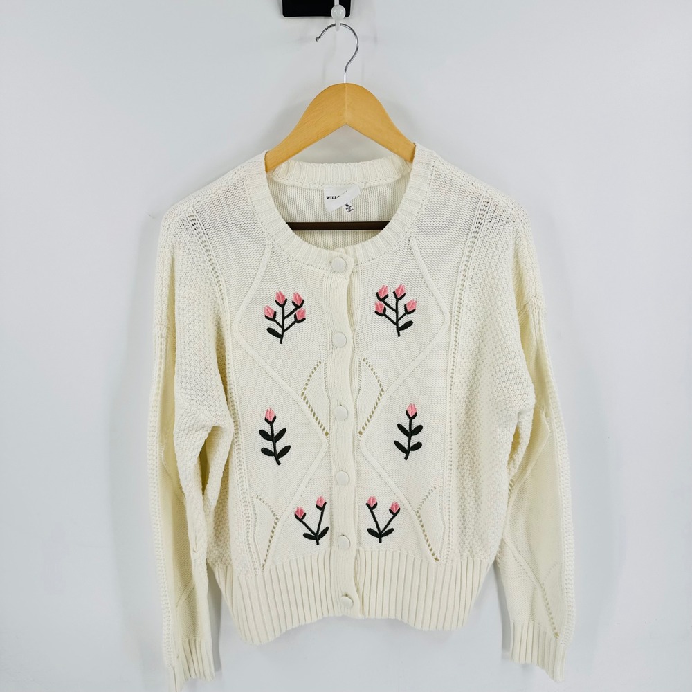 Willow & Wind Knit Pointelle Embroidered Floral Cardigan Size S Feminine Cottage